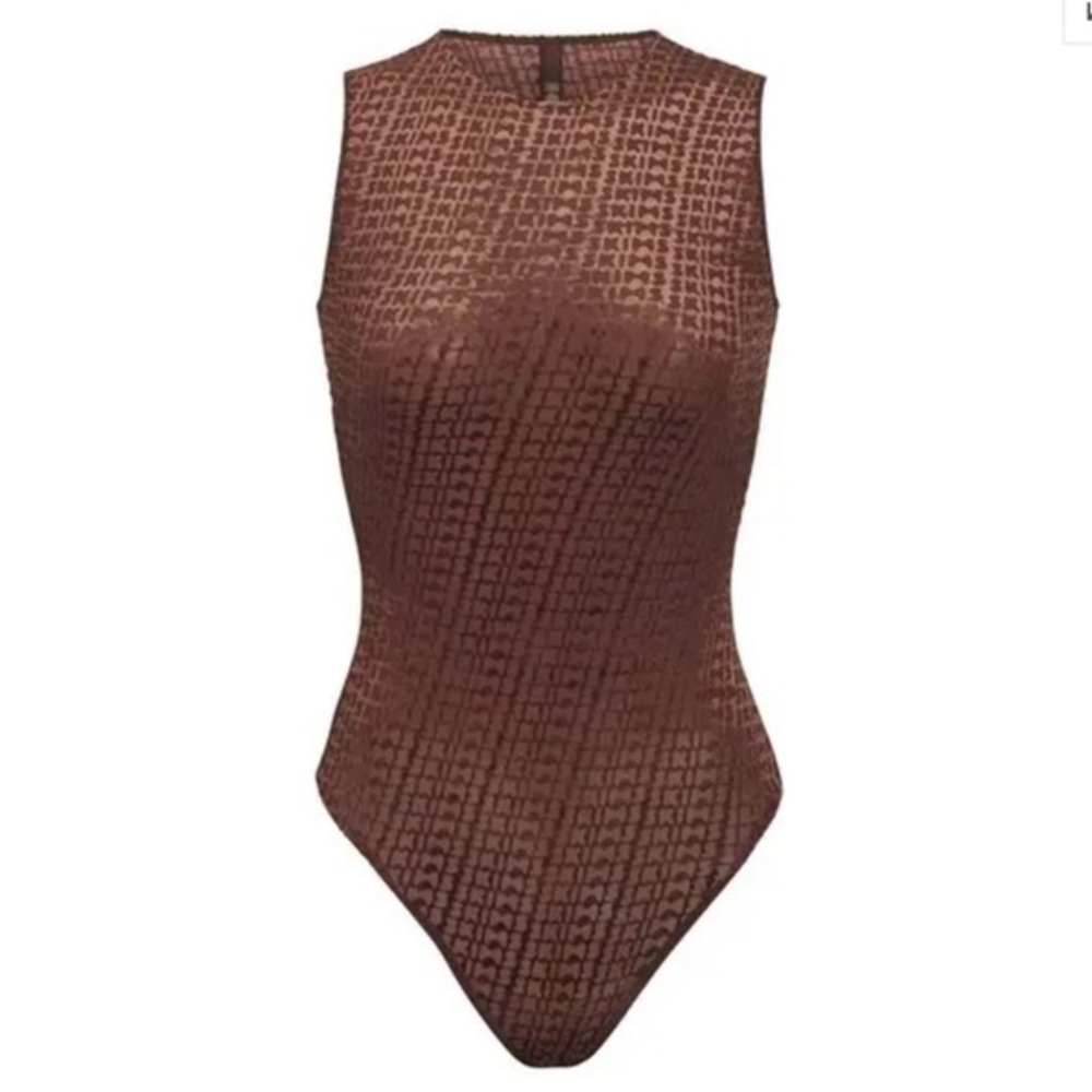 SKIMS VELVET SLEEVELESS BODYSUIT ALL OVER LOGOS SEE THROUGH MESH CHESTNUT SZ 4X